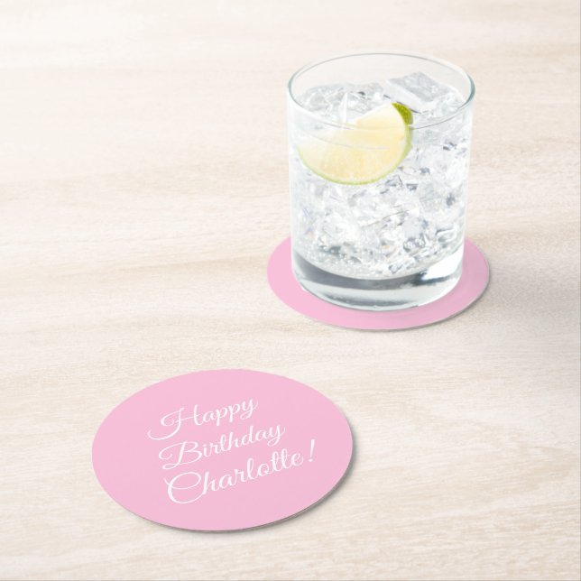 Customise with name, Happy Birthday, light pink Round Paper Coaster (Insitu)