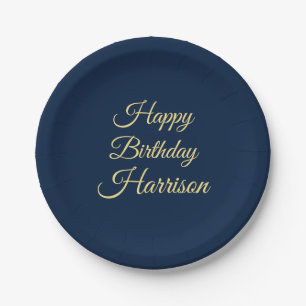 Customise with name, Happy Birthday navy blue gold Paper Plate