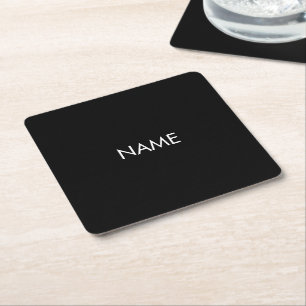 Customise with name, text minimalist black white square paper coaster