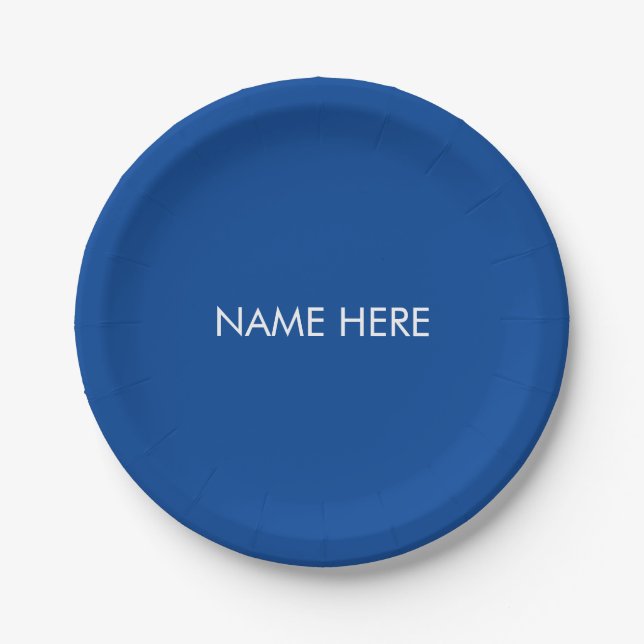 Customise with name, text minimalist blue white paper plate (Front)