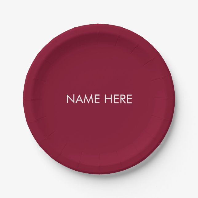 Customise with name, text minimalist burgundy paper plate (Front)