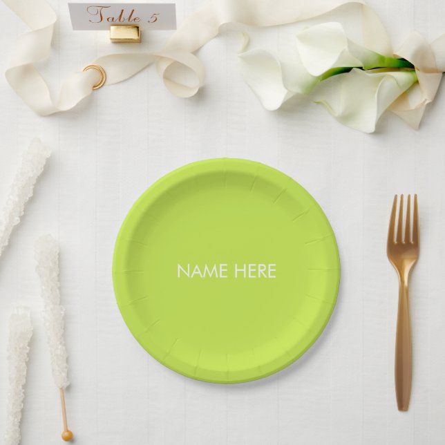 Customise with name, text minimalist lime green paper plate (Wedding)