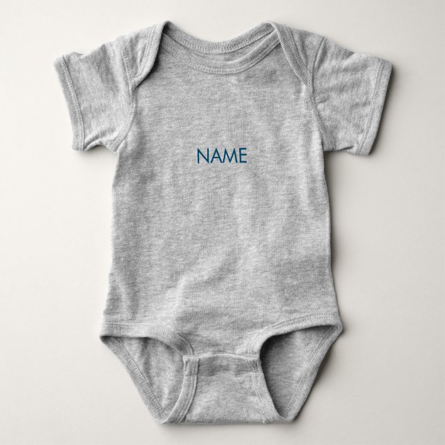 Customise with name text minimalist navy blue grey baby bodysuit (Front)