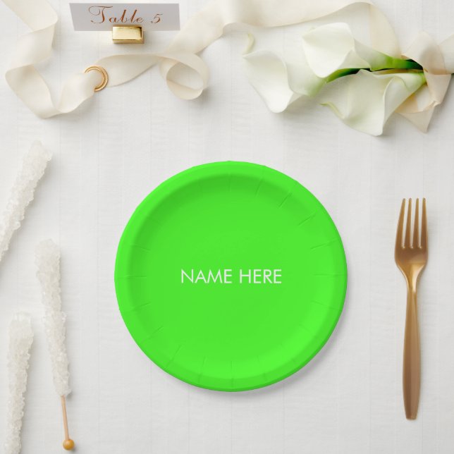 Customise with name, text minimalist neon green paper plate (Wedding)