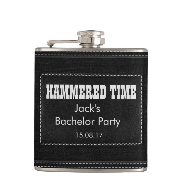Customise with your text - black leather hip flask (Front)