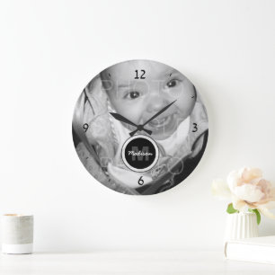 Customise Your Black White photo Monogram Large Clock