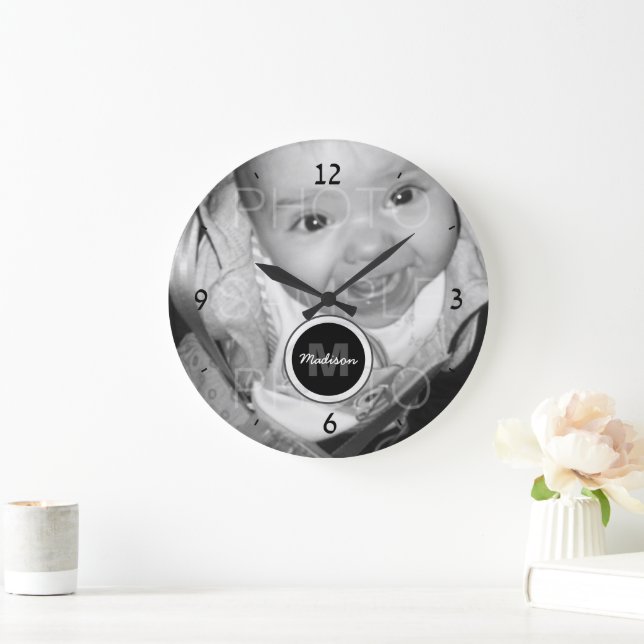 Customise Your Black White photo Monogram Large Clock (Home)