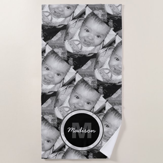 Customise Your Black White photo pattern Monogram Beach Towel (Front)