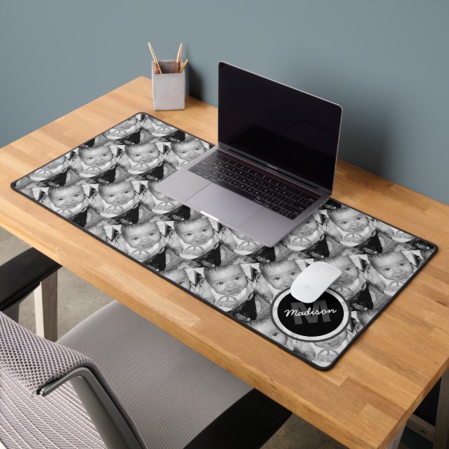 Customise Your Black White photo pattern Monogram  Desk Mat (Office 2)