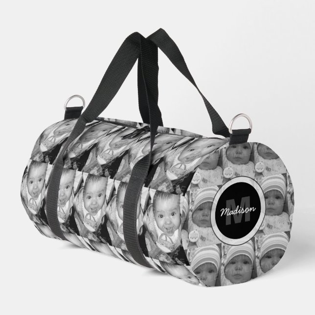 Customise Your Black White photo pattern Monogram Duffle Bag (Left Corner)