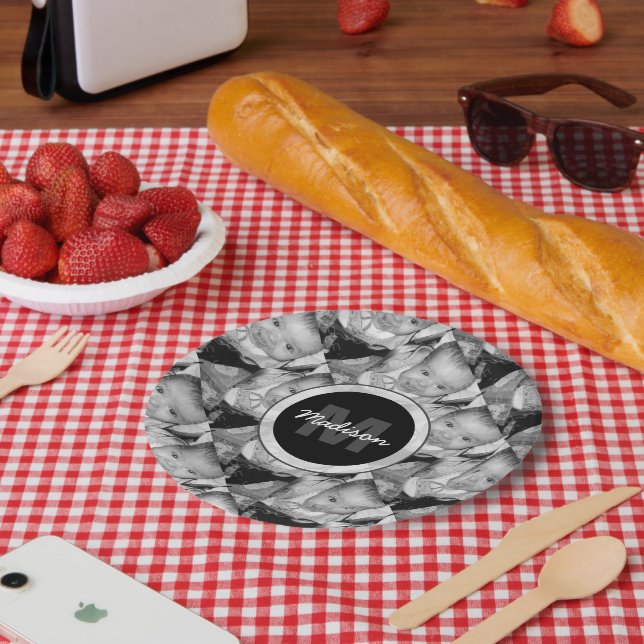 Customise Your Black White photo pattern Monogram Paper Plate (Picnic)