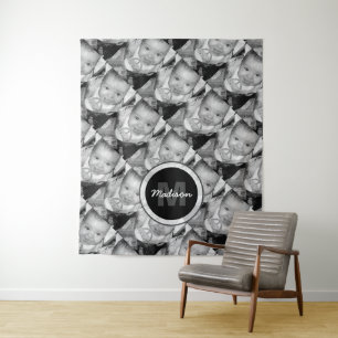 Customise Your Black White photo pattern Monogram Tapestry