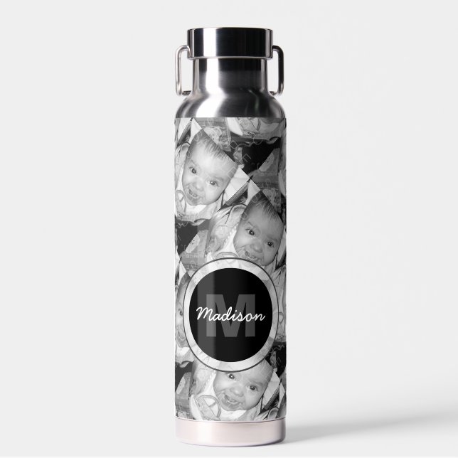 Customise Your Black White photo pattern Monogram Water Bottle (Front)
