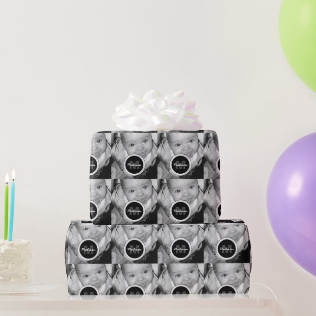Customise Your Black White photo pattern Monogram Wrapping Paper (Party Gifts)