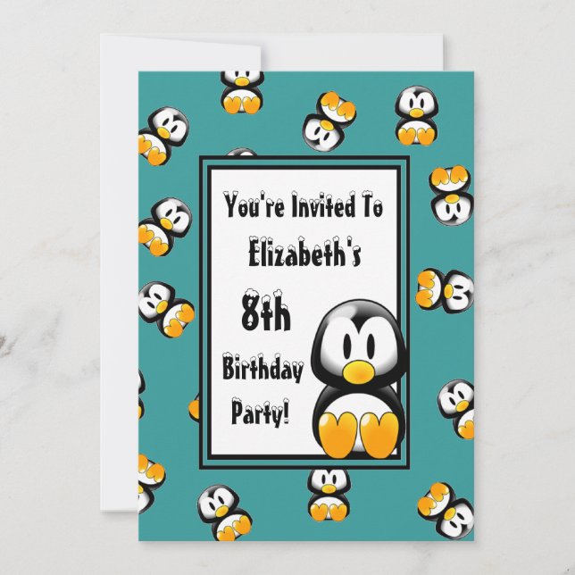 Customise Your Colour Penguin Theme Birthday Party Invitation (Front)