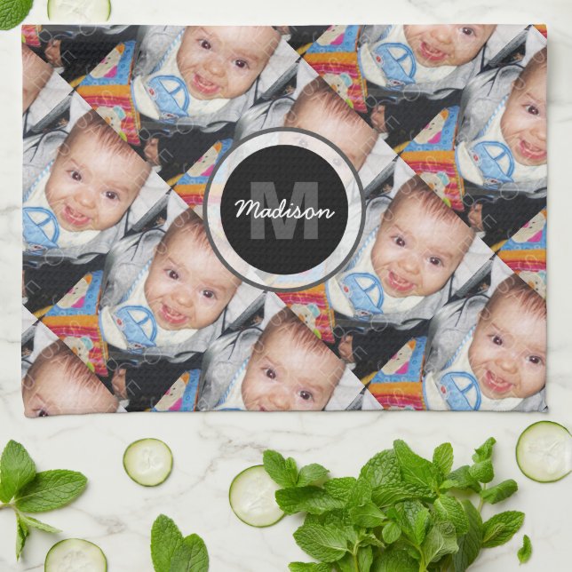 Customise Your custom two photo pattern Monogram  Tea Towel (Folded)