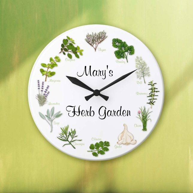 Customise Your Herb Garden Round Clock (Check Your Thyme - Herb Garden Clock. Fragrant, flavorful herbs and spices.)