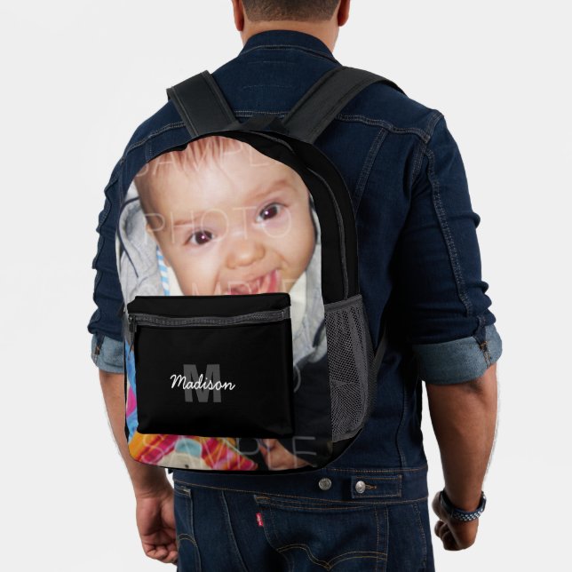 Customise Your photo monogram name initial Black Printed Backpack (Insitu (Model))
