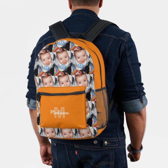 Customise Your photo pattern monogram orange Printed Backpack (Insitu (Model))