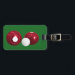 Customiseable Red Lawn Bowls Luggage Tag<br><div class="desc">When you go on a bowls holiday or break, set your luggage apart from the rest with this personalized bowls luggage label! You can put your own name on the reverse side when ordering. A useful gift for your bowls playing friend. This version has red speckled woods printed on the...</div>