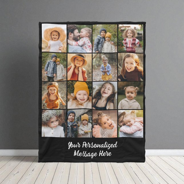 Customised 16 Photo Collage Modern Family Text Fleece Blanket (Creator Uploaded)