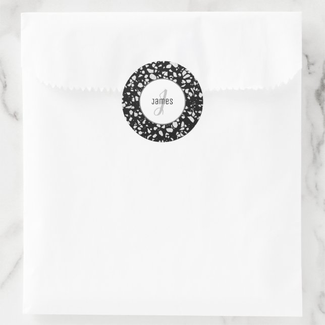 Customised Abstract Terrazzo Black & White Pattern Classic Round Sticker (Bag)