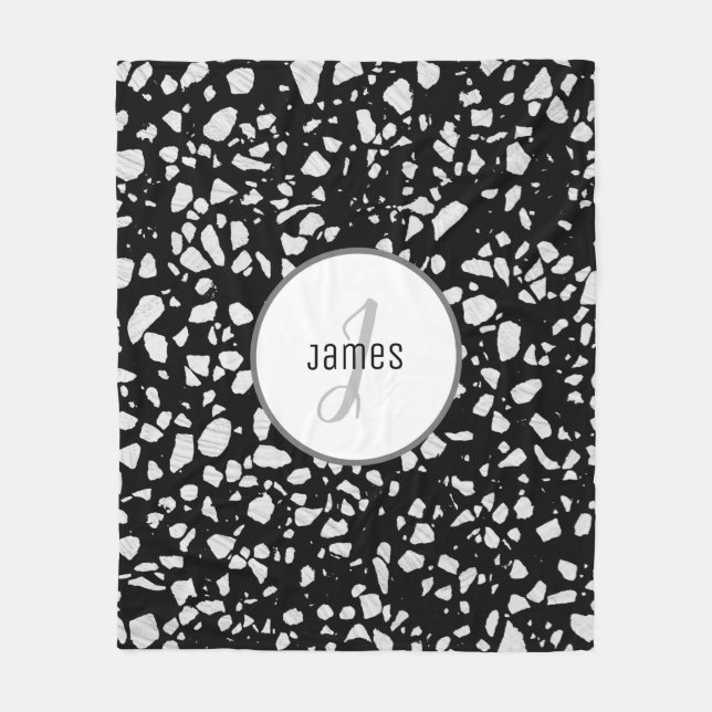 Customised Abstract Terrazzo Black & White Pattern Fleece Blanket (Front)