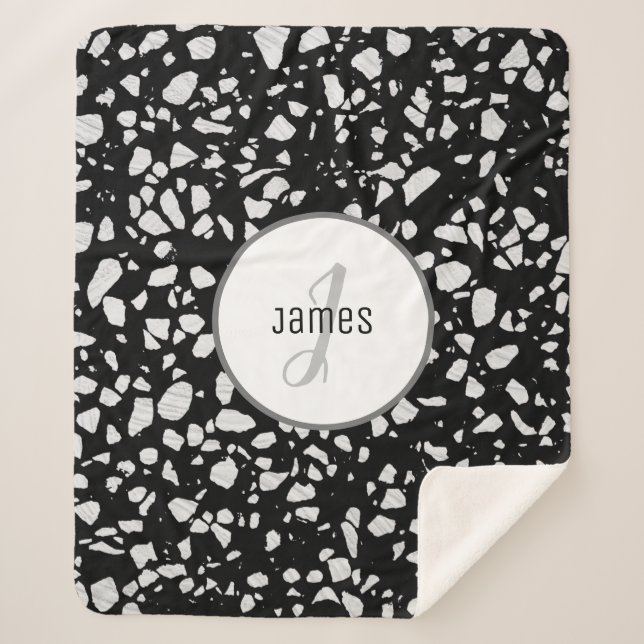 Customised Abstract Terrazzo Black & White Pattern Sherpa Blanket (Front)