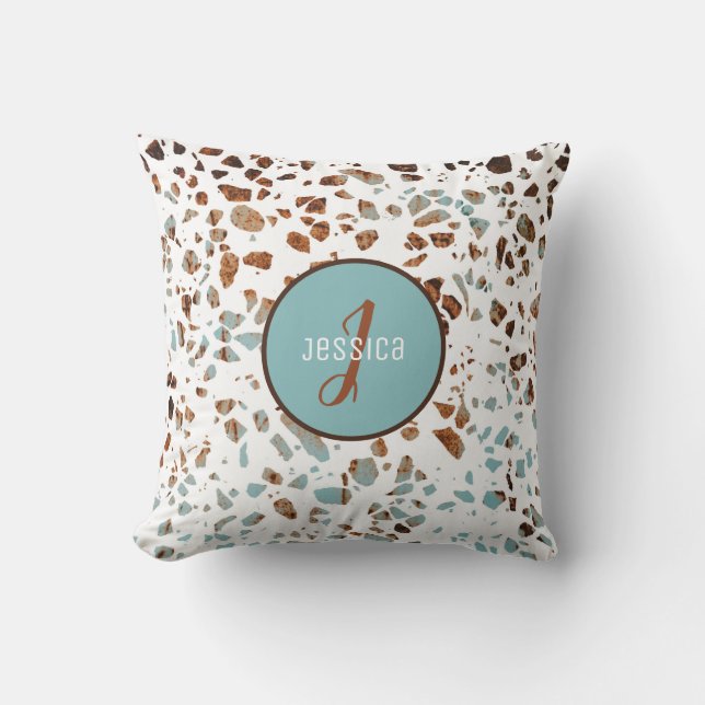 Customised Abstract Terrazzo Brown & Blue Pattern Cushion (Front)