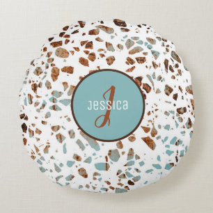 Customised Abstract Terrazzo Brown & Blue Pattern Round Cushion