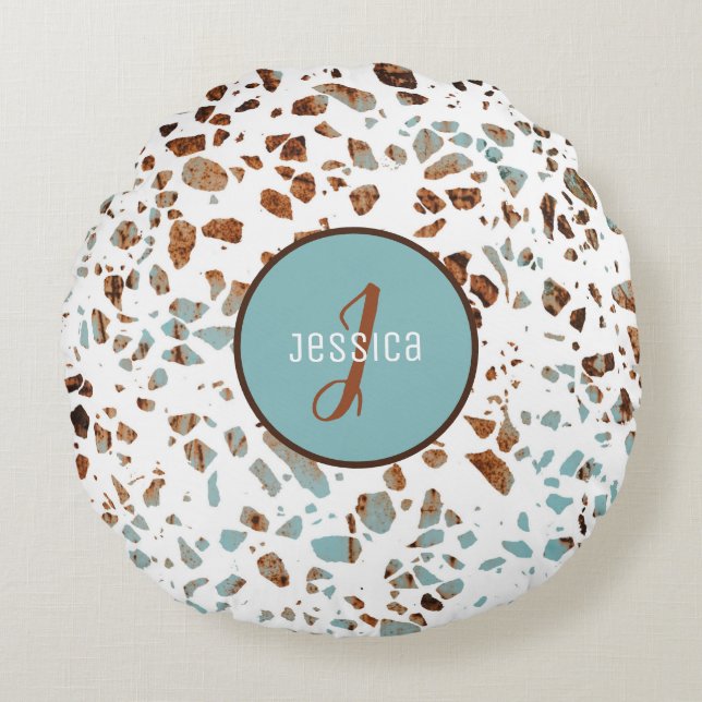 Customised Abstract Terrazzo Brown & Blue Pattern Round Cushion (Front)