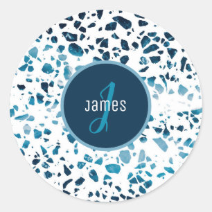 Customised Abstract Terrazzo Mosaic Blue Pattern Classic Round Sticker