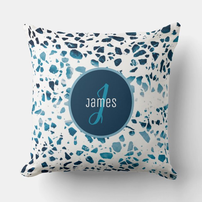 Customised Abstract Terrazzo Mosaic Blue Pattern   Cushion (Front)