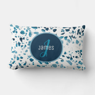 Customised Abstract Terrazzo Mosaic Blue Pattern  Lumbar Cushion