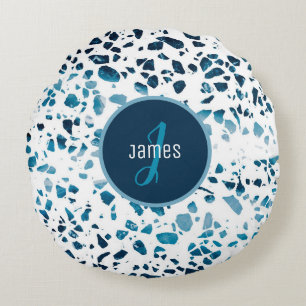 Customised Abstract Terrazzo Mosaic Blue Pattern   Round Cushion