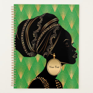Customised African American Woman Green Black Gold Planner