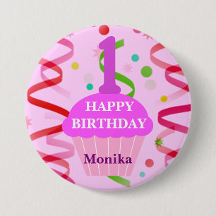 Customised Age and Name Happy Birthday Cupcake 7.5 Cm Round Badge