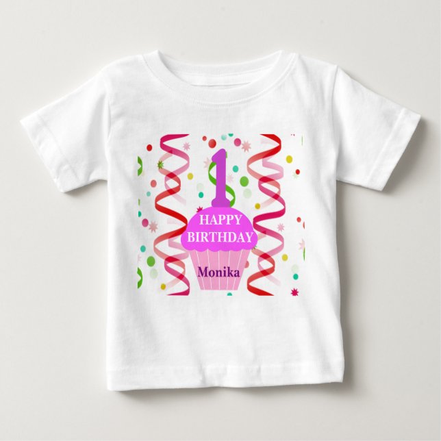 Customised Age and Name Happy Birthday Cupcake Baby T-Shirt (Front)