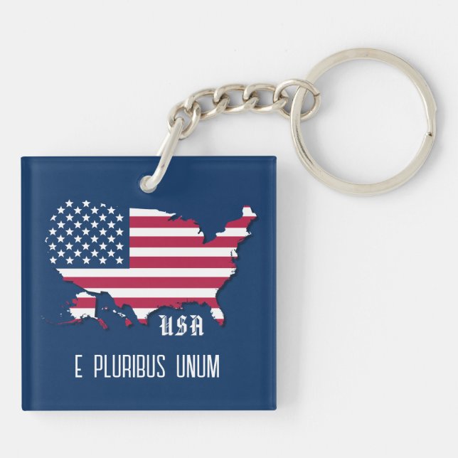 Customised American Flag Over Map, USA and Motto Key Ring (Back)