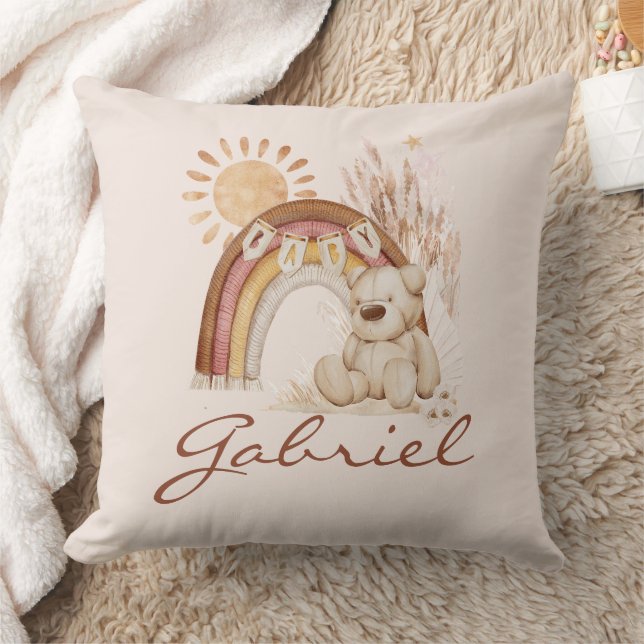 Customised Baby Name Boho Bear Rainbow Sunshine Cushion (Blanket)