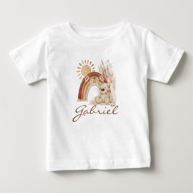 Customised Baby Name Boho Teddy Bear Rainbow Baby T-Shirt (Front)