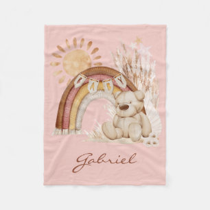 Customised Baby Name Boho Teddy Bear Rainbow Fleece Blanket