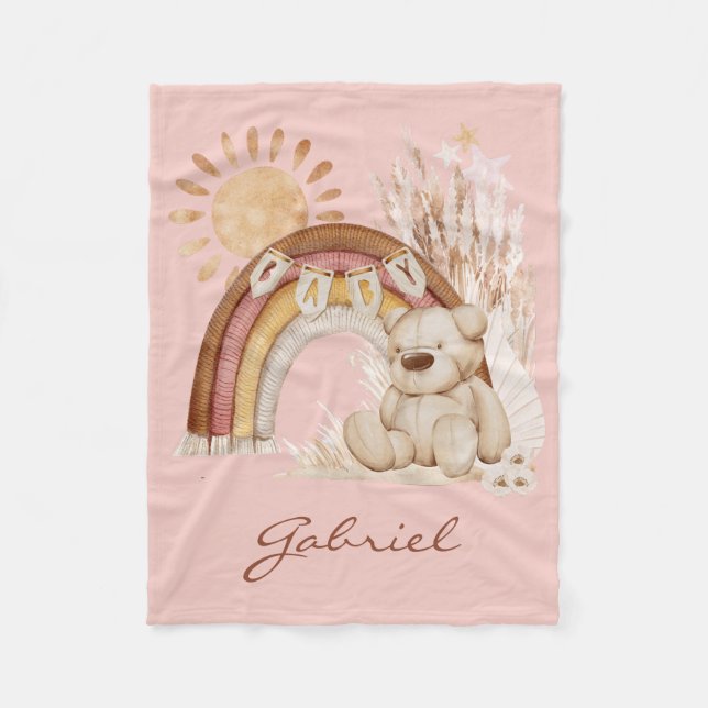Customised Baby Name Boho Teddy Bear Rainbow Fleece Blanket (Front)