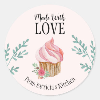 Customised Baking Pink Watercolor Floral Cupcake  Classic Round Sticker