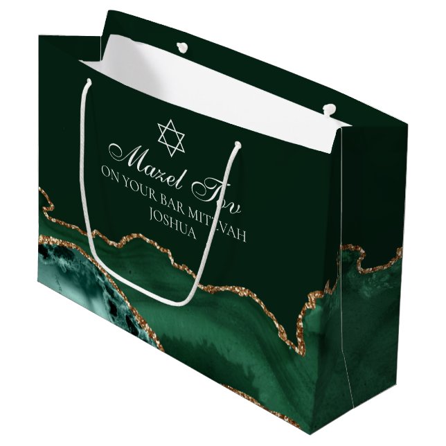 Customised Bar Mitzvah Mazel Tov Green Gold Large Gift Bag (Front Angled)