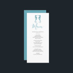 Customised Beach Wedding Menu Card<br><div class="desc">These customised wedding menu cards feature watercolor seahorses in shades of blue. Use the template fields to add your personalised details. A nautical choice for your beach wedding theme. For more affordable wedding menu ideas visit www.zazzle.com/dotellabelle

Unique watercolor ocean art by Victoria Grigaliunas of Do Tell A Belle.</div>