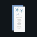 Customised Beach Wedding Menu Card<br><div class="desc">These customised wedding menu cards feature watercolor starfish in shades of blue. Use the template fields to add your personalised details. A nautical choice for your beach wedding theme. For more affordable wedding menu ideas visit www.zazzle.com/dotellabelle

Unique watercolor ocean art by Victoria Grigaliunas of Do Tell A Belle.</div>