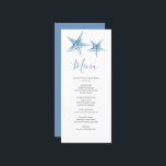 Customised Beach Wedding Menu Card<br><div class="desc">These customised wedding menu cards feature watercolor starfish in shades of blue. Use the template fields to add your personalised details. A nautical choice for your beach wedding theme. For more affordable wedding menu ideas visit www.zazzle.com/dotellabelle

Unique watercolor ocean art by Victoria Grigaliunas of Do Tell A Belle.</div>