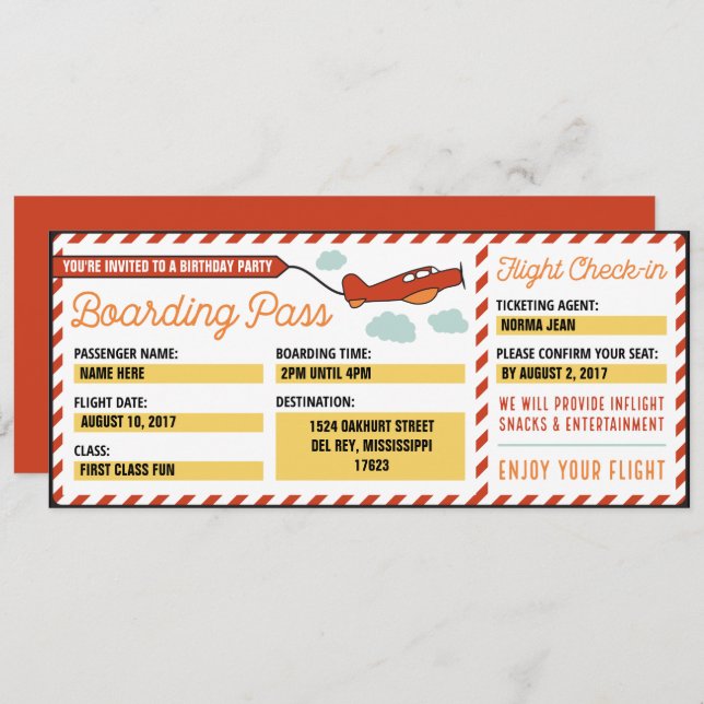 Customised Birthday Party Boarding Pass Invitation (Front/Back)