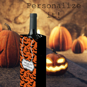 Customised Black and Orange Halloween Bats  Wine Gift Bag